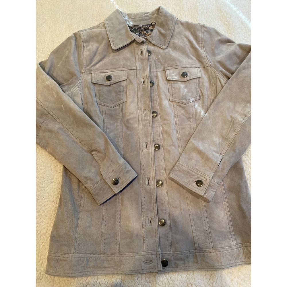 Dennis Basso jackets Grey suede Button Down Leopard Print Lining Size XS